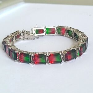 Gorgeous Sterling Silver Watermelon Quartz Tourmaline Glass Tennis Bracelet